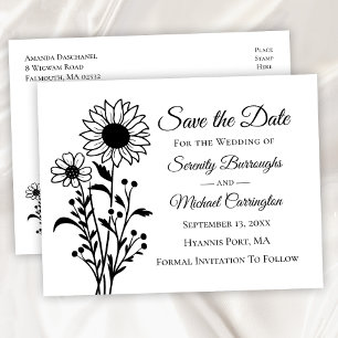 Carte Postale Élégant floral mariage noir et blanc, save the dat