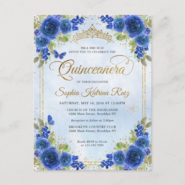 Carte Postale Elégant Floral Navy Blue Gold Tiara Quinceañera (Devant)