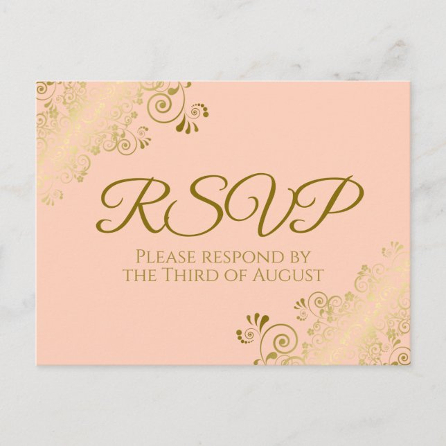Carte Postale Elégant Frills or sur Coral Peach Wedding RSVP (Devant)