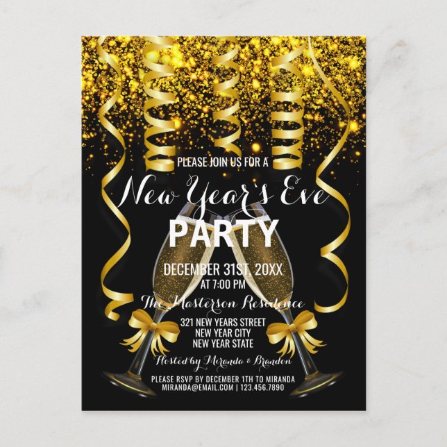 Carte Postale Elegant Gold Black Nouvel An`s Eve Party Invitatio (Devant)