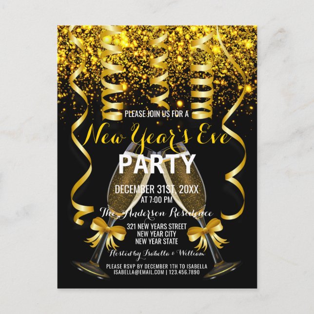 Carte Postale Elegant Gold Black Nouvel An`s Eve Party Invitatio (Devant)