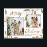 Carte Postale Elégant Gold Botanical 2 Photo Collage Noël<br><div class="desc">Elégant, moderne Feuilles botaniques blanc et or 2 Collage photo Joyeux Noël Carte postale. Ce modèle de carte postale festive et fantaisiste de deux (2) jours fériés présente un joli collage photo, faux feuilles botaniques de feuille d'or, des fraises d'hiver et dit Joyeux Noël! Le texte de salutation "Joyeux Noël"...</div>