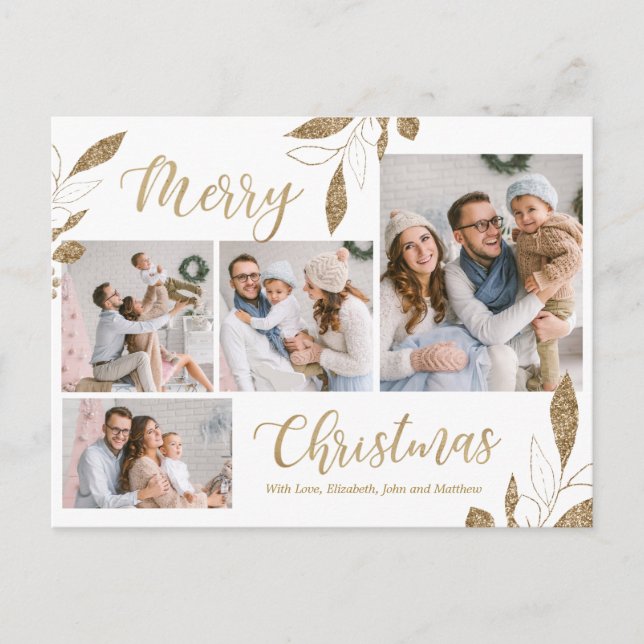 Carte Postale Elégant Gold Botanical 4 Photo Collage Noël (Devant)