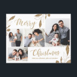 Carte Postale Elégant Gold Botanical 4 Photo Collage Noël<br><div class="desc">Elégant, moderne Gold Botanical Foliage Feuilles 4 Photo Collage Or et blanc Joyeux Script de Noël Carte postale Vacances. Ce modèle de carte postale festive, mimimaliste et fantaisiste de quatre (4) photos de vacances présente un joli collage photo, fausse feuille d'or feuillage botanique feuilles, hivernages et dit Joyeux Noël! Le...</div>