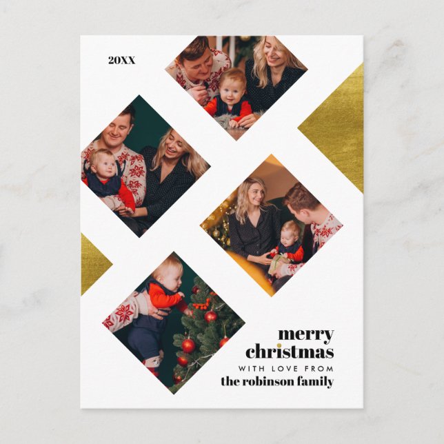 Carte Postale Élégant Gold Foil & 4 Photos Noël (Devant)