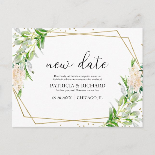 Carte Postale Elégant Gold Foil Verdure Mariage Nouveau Date (Devant)