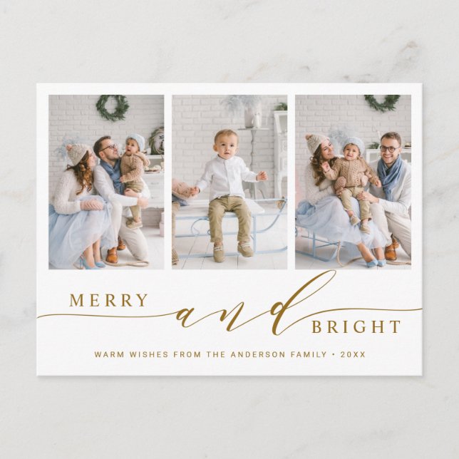 Carte Postale Elegant Gold Merry & Bright 3 Photo Holiday (Devant)