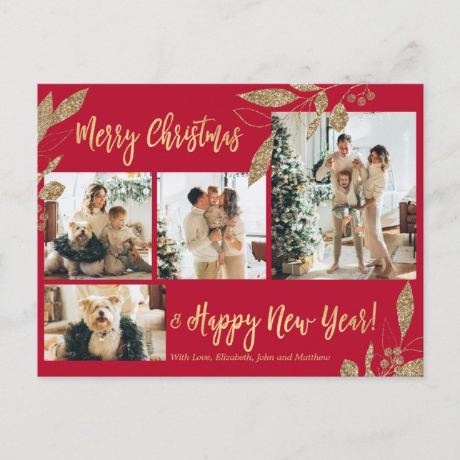 Carte Postale Elégant Gold Red Botanical Photo Collage Noël (Devant)