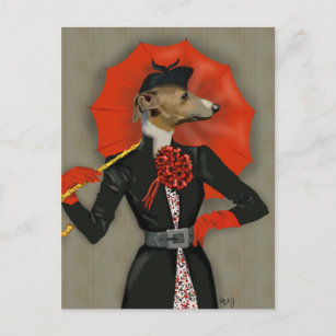 Carte Postale Elégant Greyhound et parapluie rouge