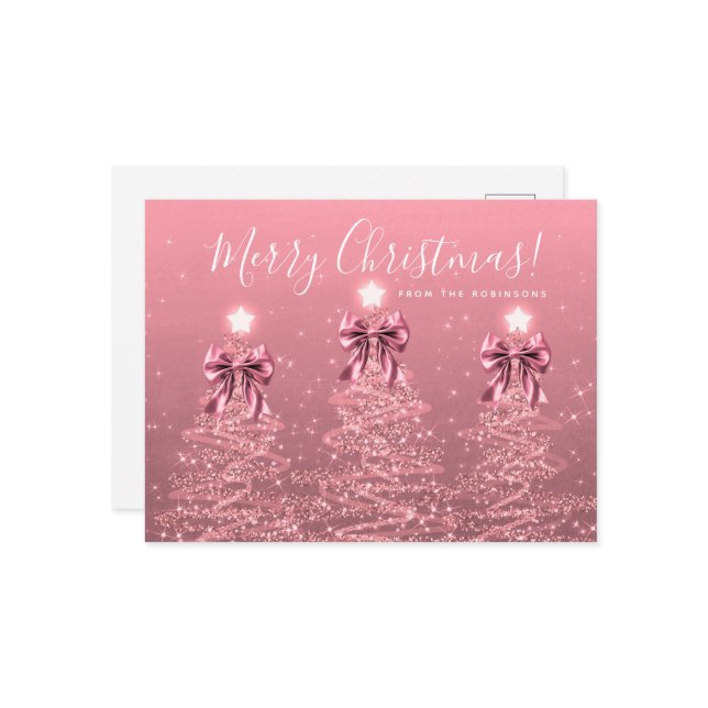 Carte Postale Elegant Holiday Blush Pink Christmas Trees Bows (Devant/Arrière en situation)