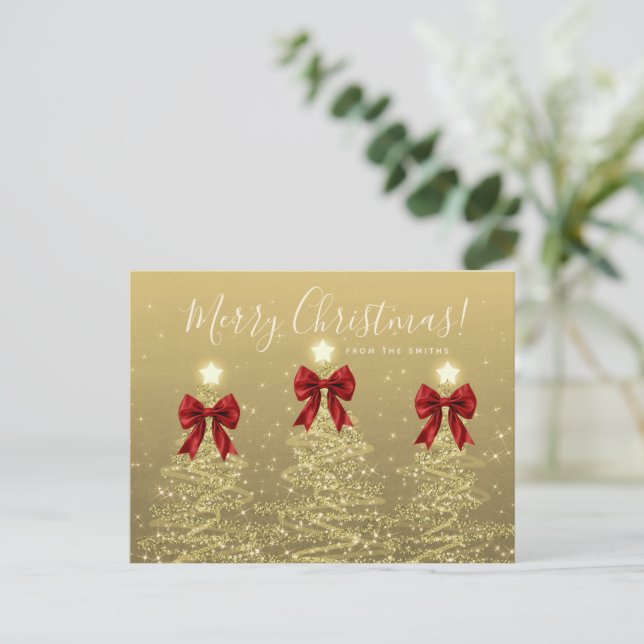 Carte Postale Elegant Holiday Gold Christmas Trees w/ Red Bows (Debout devant)
