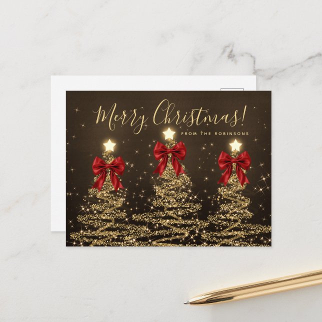 Carte Postale Elegant Holiday Gold Christmas Trees w/ Red Bows (Devant/Arrière en situation)