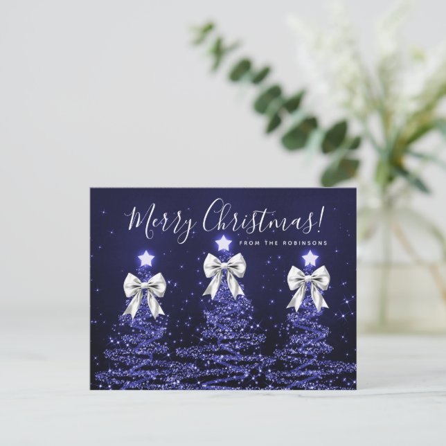 Carte Postale Elegant Holiday Navy Christmas Trees Silver Bows (Debout devant)