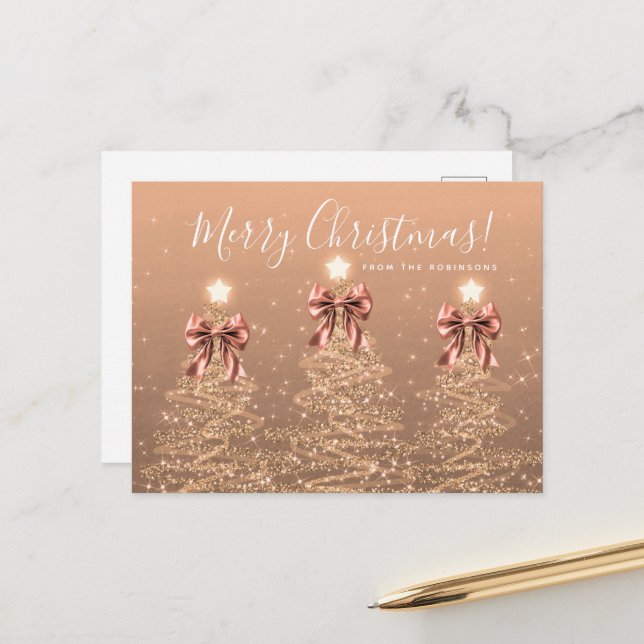 Carte Postale Elegant Holiday Rose Gold Christmas Trees Bows (Devant/Arrière en situation)