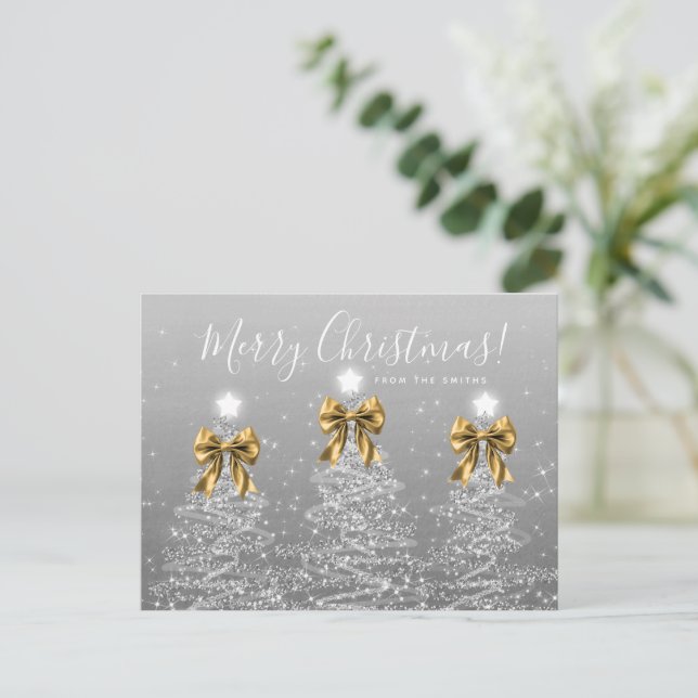 Carte Postale Elegant Holiday Silver Christmas Trees Gold Bows (Debout devant)