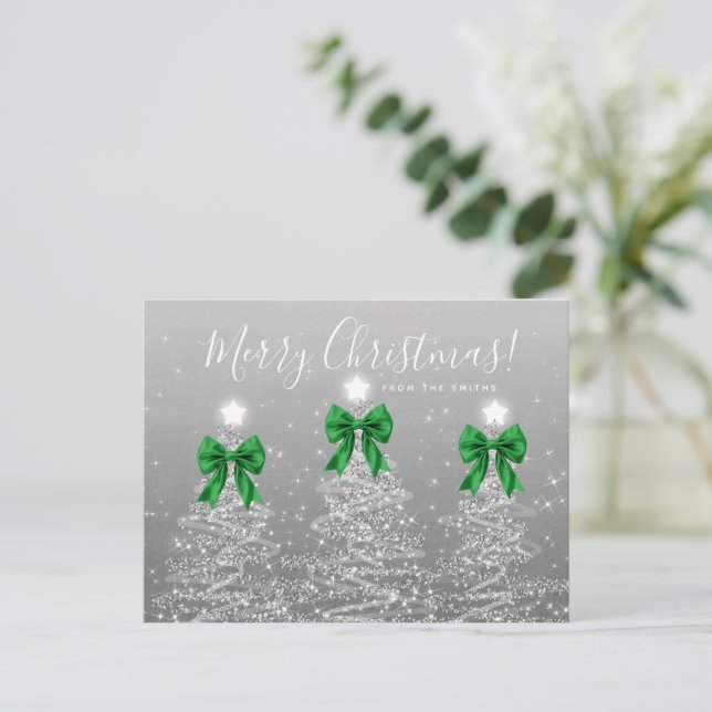 Carte Postale Elegant Holiday Silver Christmas Trees Green Bows (Debout devant)