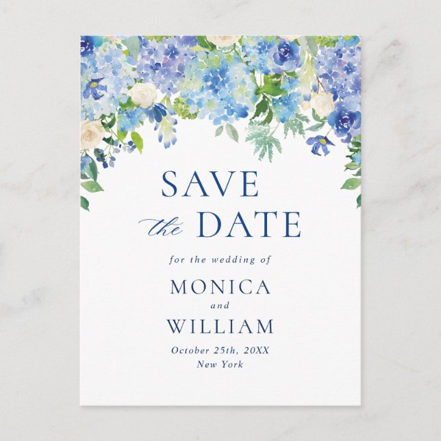 Carte Postale Élégant Hydrangea Bleu Mariage Save the Date (Devant)