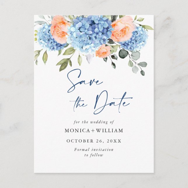 Carte Postale Élégant Hydrangea Bleu Mariage Save the Date (Devant)