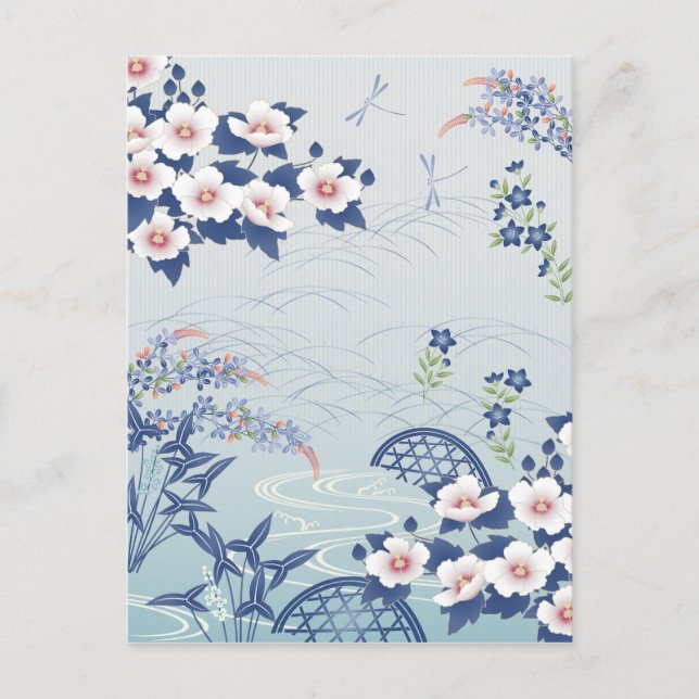 Carte Postale Elégant Jardin Fleur Japonais Bleu Clair (Devant)