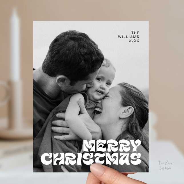 Carte Postale Élégant, Joyeux Noël Famille Photo Chic (Stylish Elegant, Merry Christmas Family Photo Chic Postcard in Romantic Black White Grey)