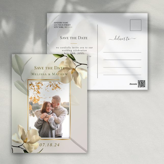 Carte Postale Elégant Magnolia Oriental Mariage Enregistrer la d (Elegant Oriental Magnolia Wedding Save the Date Postcard)
