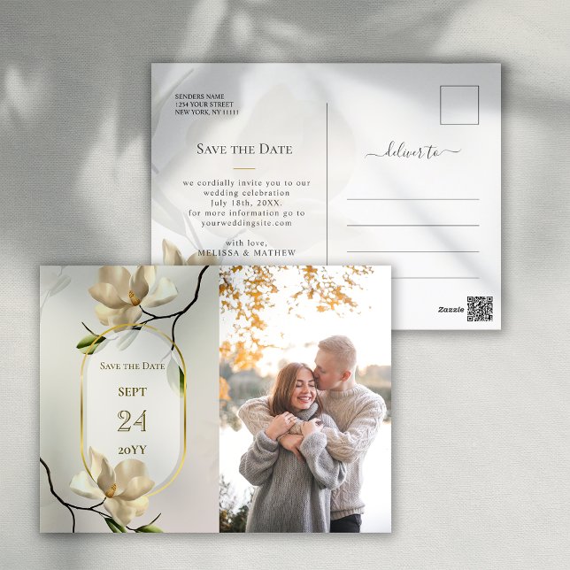 Carte Postale Elégant Magnolia Oriental Mariage Enregistrer la d (Elegant Oriental Magnolia Wedding Save the Date Postcard)