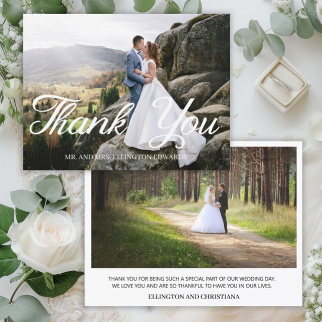 Carte Postale Élégant Mariage de script Merci 2 photo (Elegant calligraphy script, 2-photo wedding "Thank you" card)