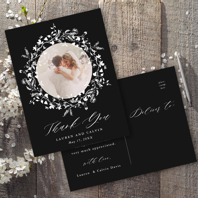 Carte Postale Élégant Mariage de script noir Merci photo noir (Front & Back)