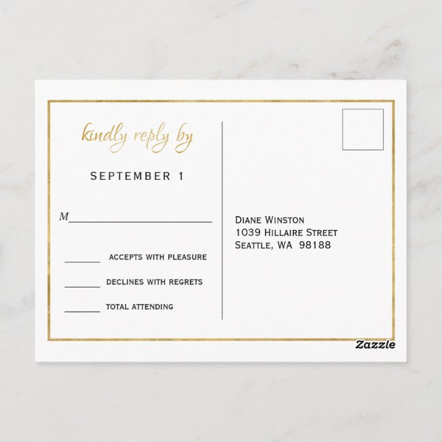 Carte Postale Elégant mariage de script or RSVP (Dos)