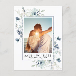 Carte Postale Elégant mariage en feuillage bleu Dusty Enregistre