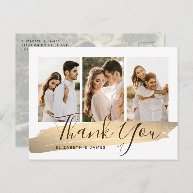 Carte Postale Elégant Mariage photo or Merci (Devant / Derrière)
