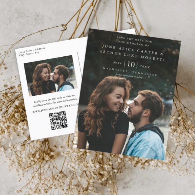 Carte Postale Élégant mariage photo simple Enregistrer la date (Simple typographic photo wedding save the date with QR Code postcard.)