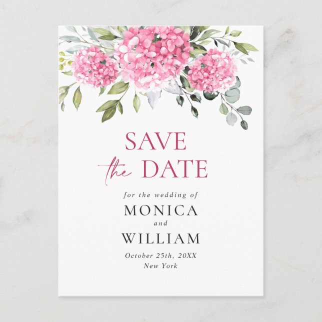 Carte Postale Élégant mariage rose Hydrangea Enregistrer la date (Devant)
