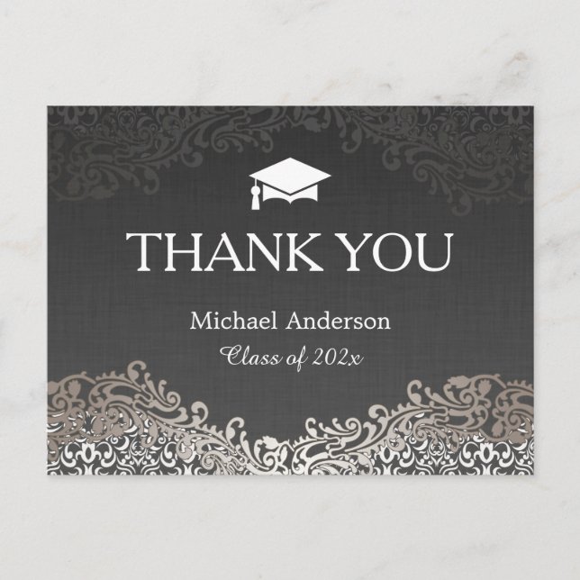 Carte Postale Élégant Merci de graduation Silver Damask (Devant)