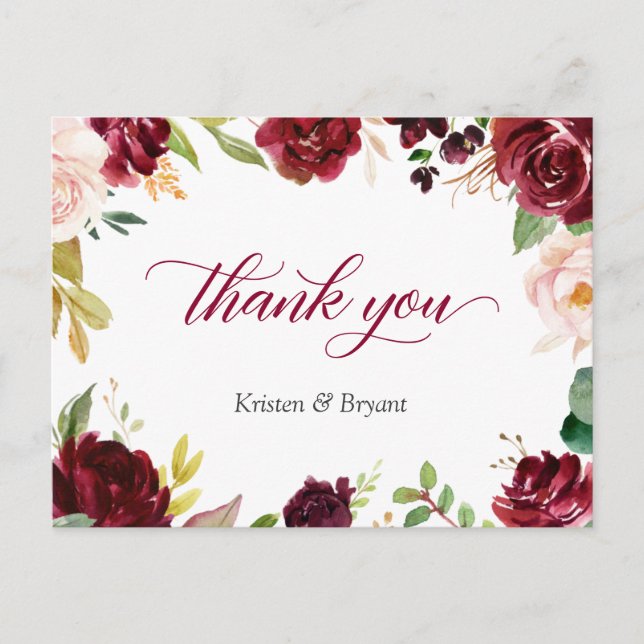 Carte Postale Élégant Merci de Mariage floral Burgundy Blush (Devant)