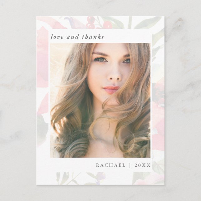 Carte Postale Élégant Merci Floral Graduation Photo (Devant)