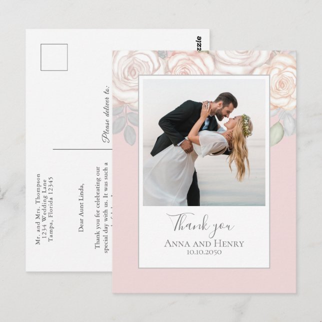 Carte Postale Élégant Merci Mariage Floral rose (Devant / Derrière)