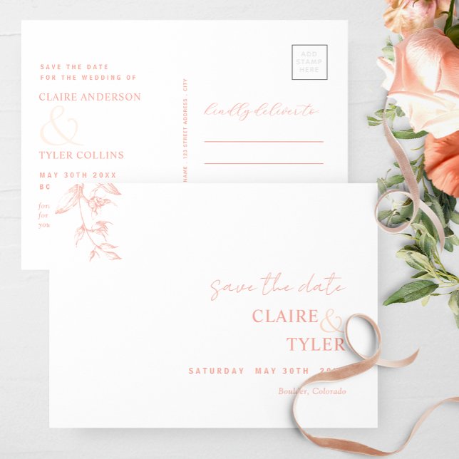 Carte Postale Élégant minimal blanc rose pâle et rose Mariage (Créateur téléchargé)
