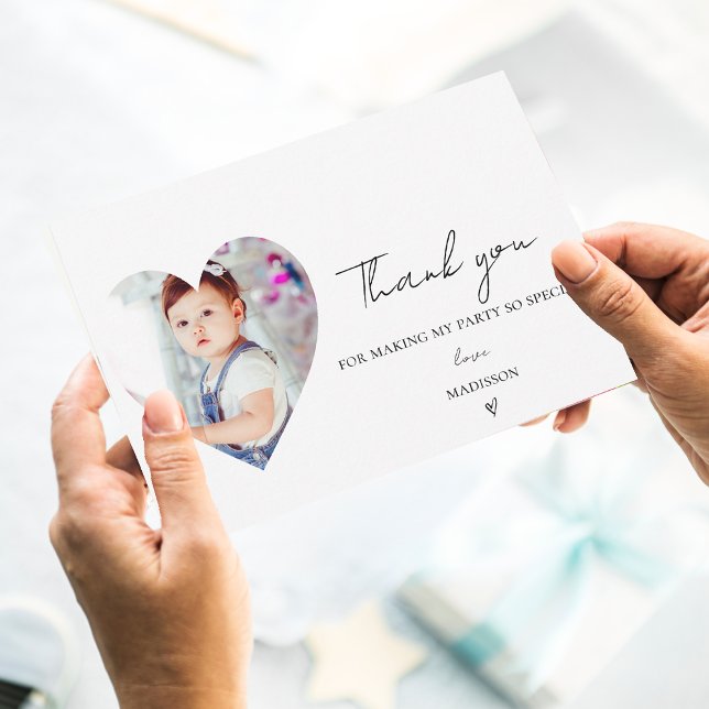 Carte Postale Élégant minimaliste premier anniversaire Merci pho (Minimalist Elegant First Birthday Photo Thank you Postcard)