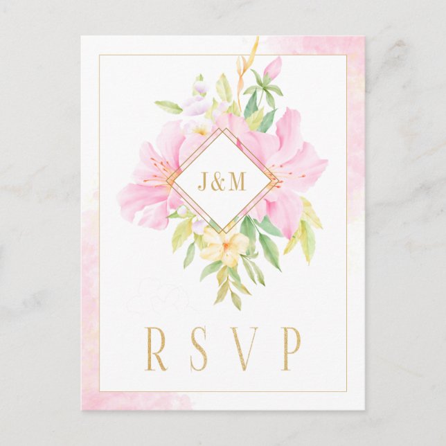 Carte Postale Elégant monogramme floral Aquarelle rose or RSVP (Devant)