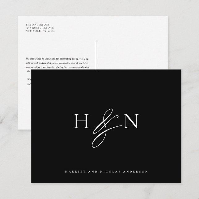 Carte Postale Élégant Monogramme Mariage noir Merci (Devant / Derrière)
