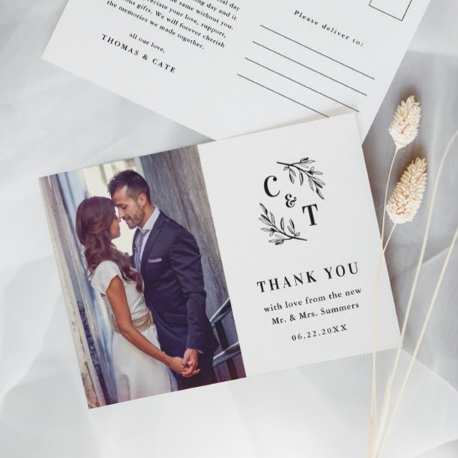 Carte Postale Élégant Monogramme noir et blanc Merci photo (Créateur téléchargé)
