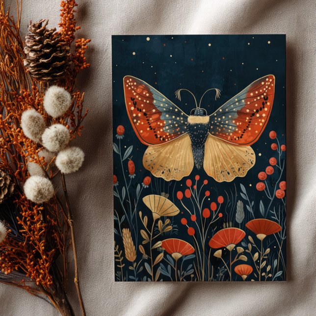 Carte Postale Elegant Moth Autumn Foliage Navy Blue Christmas  (Créateur téléchargé)