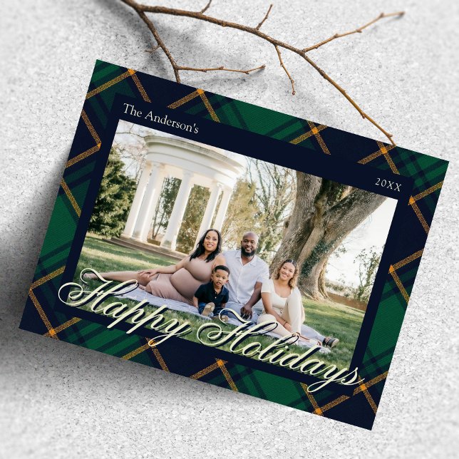 Carte Postale Elegant Navy Green Plaid Happy Holidays (Créateur téléchargé)