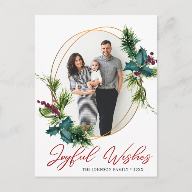 Carte Postale Élégant Noël Joyeux Voeux Holly Pine Photo (Devant)