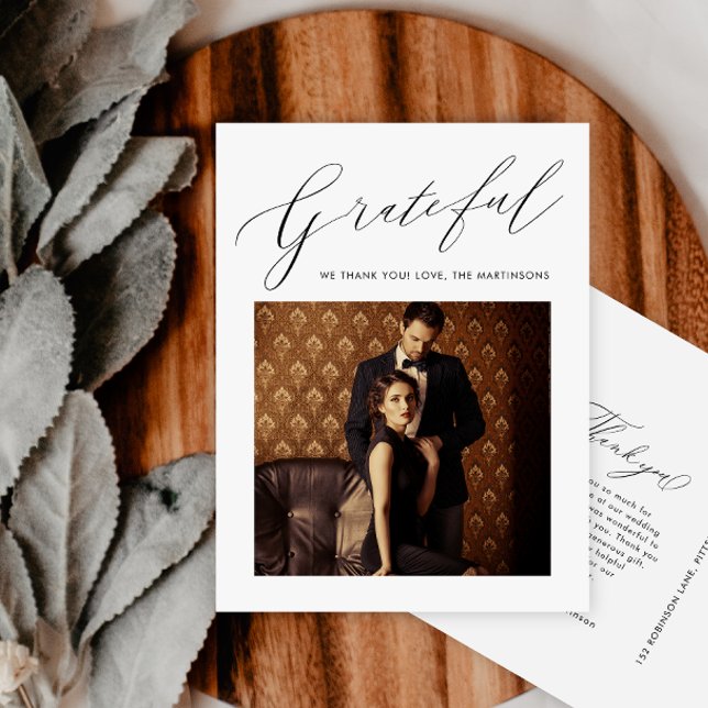 Carte Postale Élégant Noir Grateful Script Mariage photo (Créateur téléchargé)
