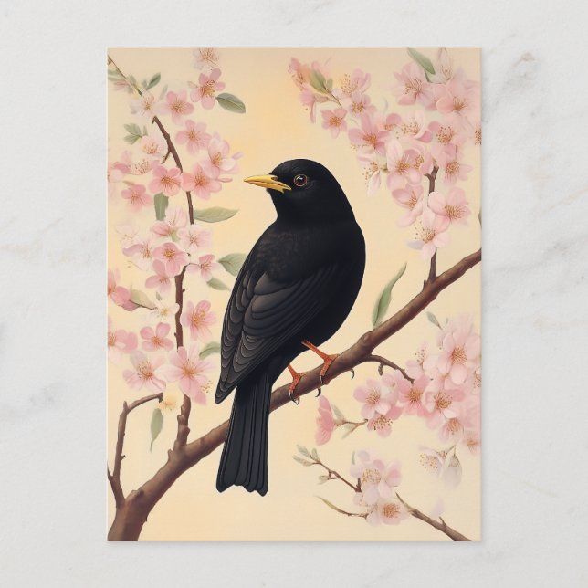 Carte Postale Élégant oiseau noir en fleurs (Devant)