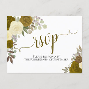 Carte Postale Elégant or Aquarelle Roses mariage RSVP