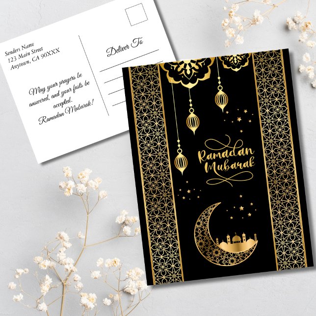 Carte Postale Elégant or Motifs islamiques Ramadan Moubarak (Elegant Gold and Black Islamic Patterns Ramadan Mubarak Postcard)