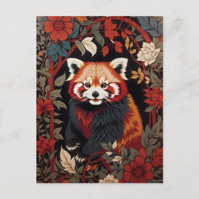 Carte Postale Élégant Panda Rouge William Morris Inspiré Floral (Devant)